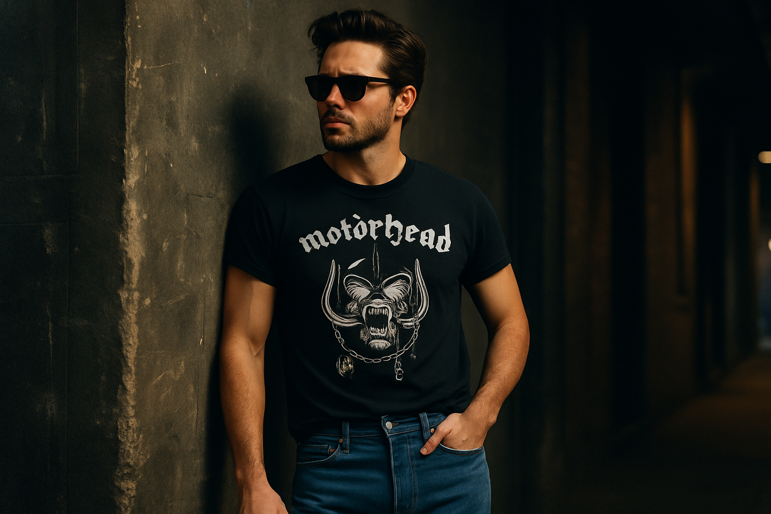 je veux que cette homme porte un t-shirt motorhead et un pontalon levis